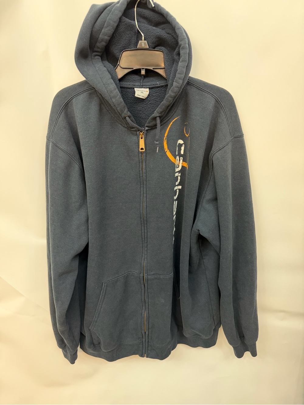 Carhartt Navy Hoodie with Small Orange Logo Menes size 2XL